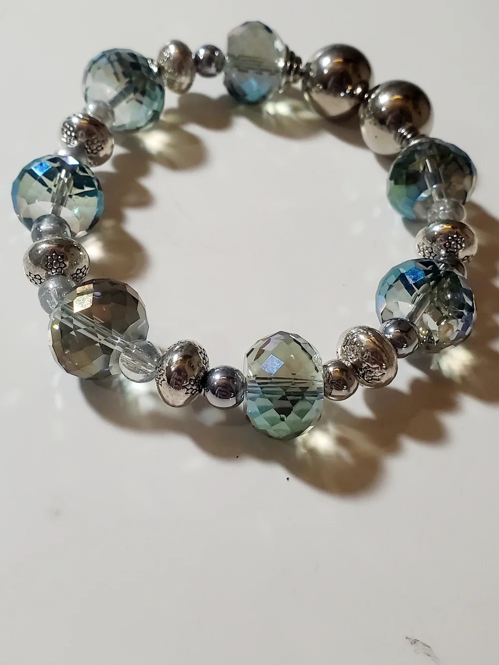 Beaded Glass and Silver-Tone Stretch Bracelet - Blue-Green